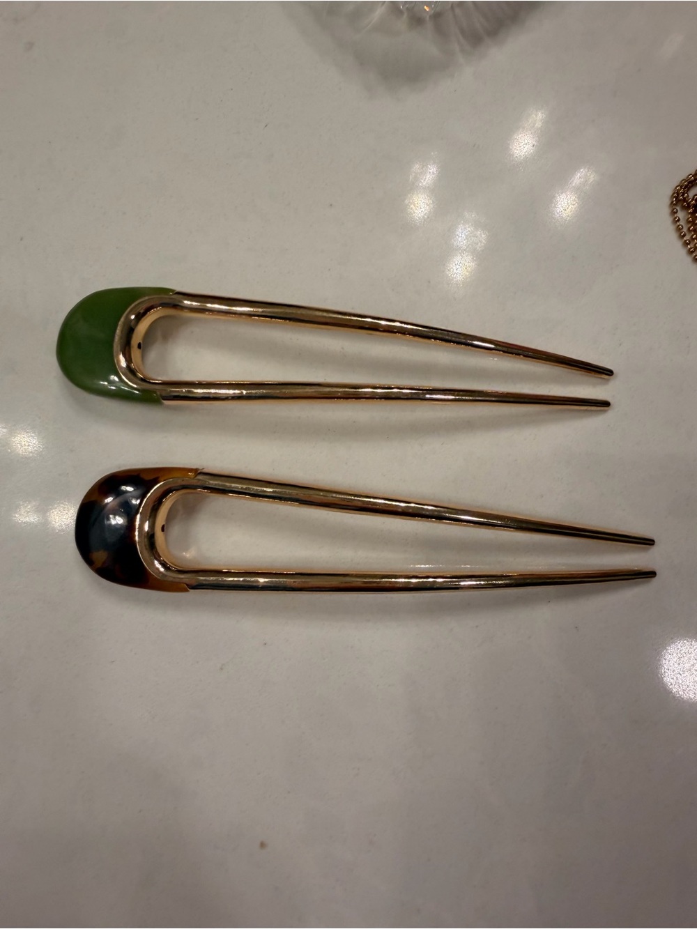 Gold-Tone Double-Prong Hair Fork with Green Accent